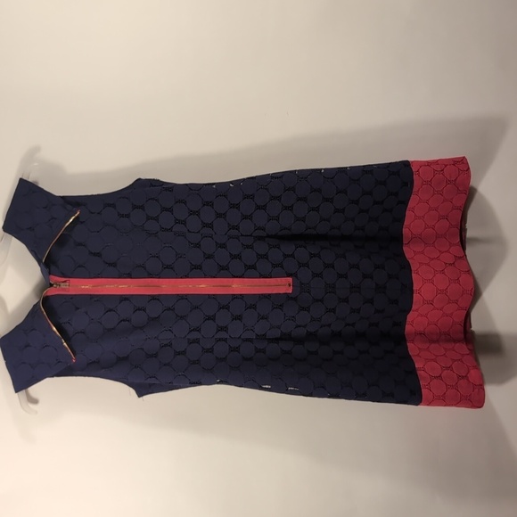 Adrianna Papell Navy Blue & Coral Pink Sheath Dot Retro Mod Dress Size 14 - Picture 11 of 16